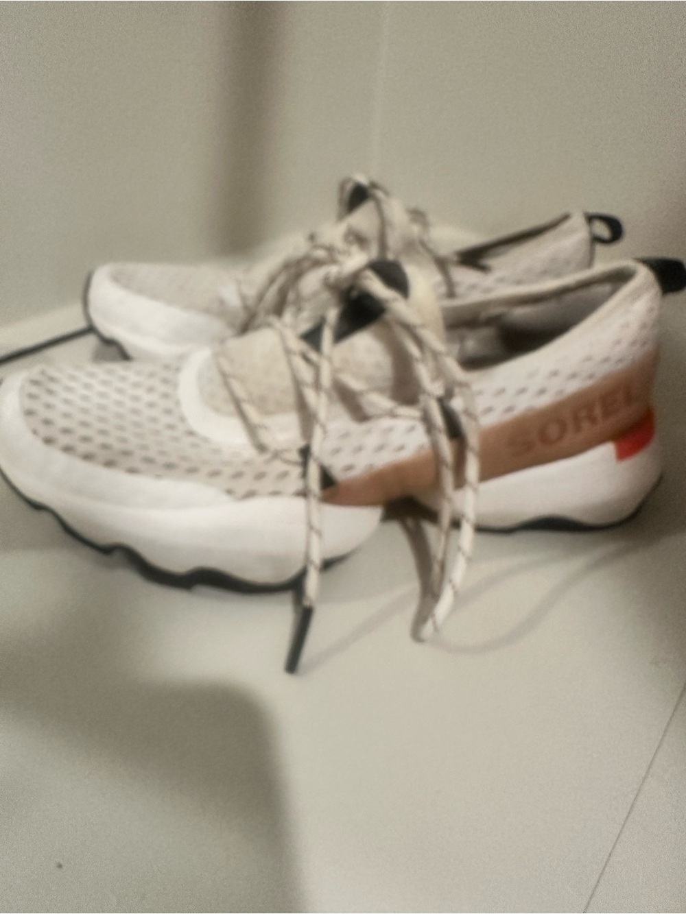 Sorel Beige and White Knit Slip-On Sneakers